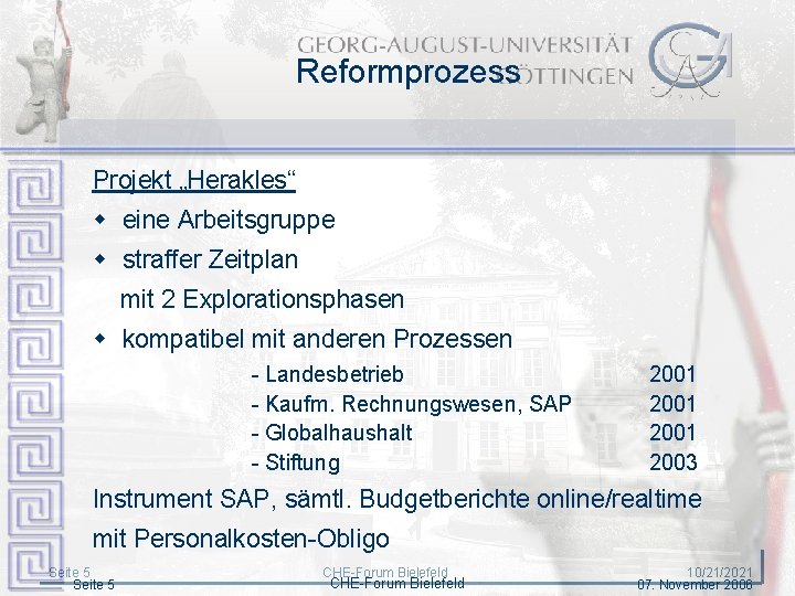 Reformprozess Projekt „Herakles“ w eine Arbeitsgruppe w straffer Zeitplan mit 2 Explorationsphasen w kompatibel