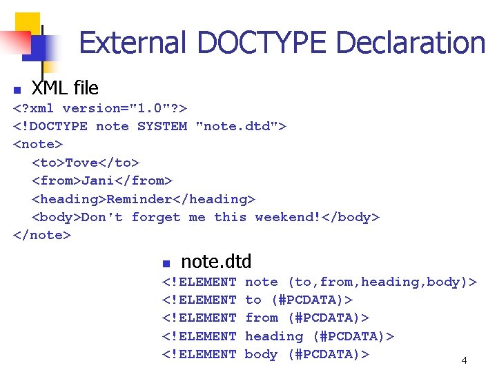 External DOCTYPE Declaration n XML file <? xml version="1. 0"? > <!DOCTYPE note SYSTEM