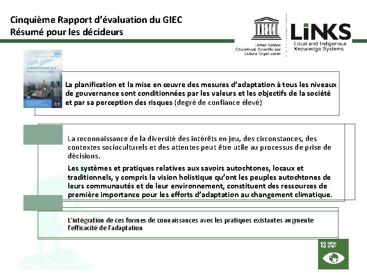 Cinquième Rapport d’évaluation du GIEC Résumé pour les décideurs La planification et la mise