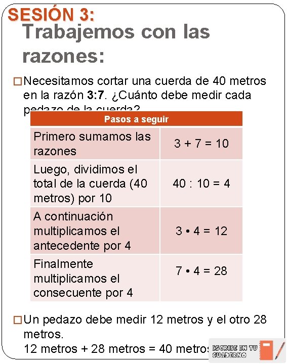 SESIÓN 3: Trabajemos con las razones: � Necesitamos cortar una cuerda de 40 metros