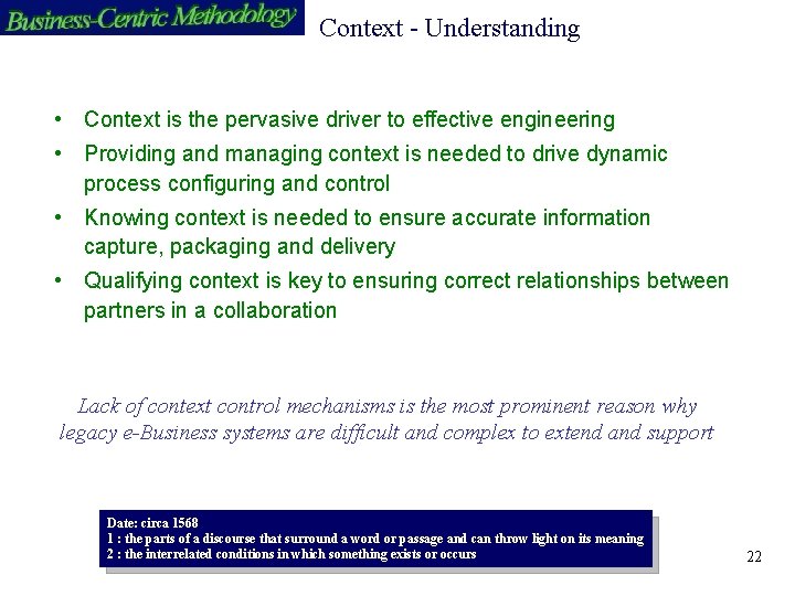 Context - Understanding • Context is the pervasive driver to effective engineering • Providing
