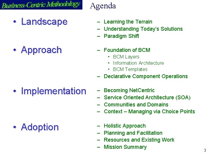 Agenda • Landscape • Approach – Learning the Terrain – Understanding Today’s Solutions –