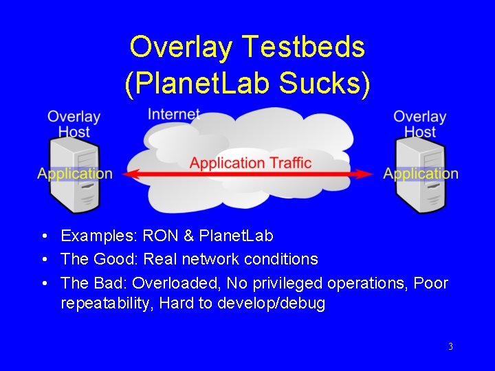 Overlay Testbeds (Planet. Lab Sucks) • Examples: RON & Planet. Lab • The Good: