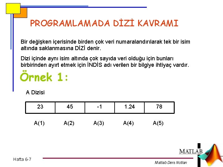 PROGRAMLAMADA DİZİ KAVRAMI Bir değişken içerisinde birden çok veri numaralandırılarak tek bir isim altında