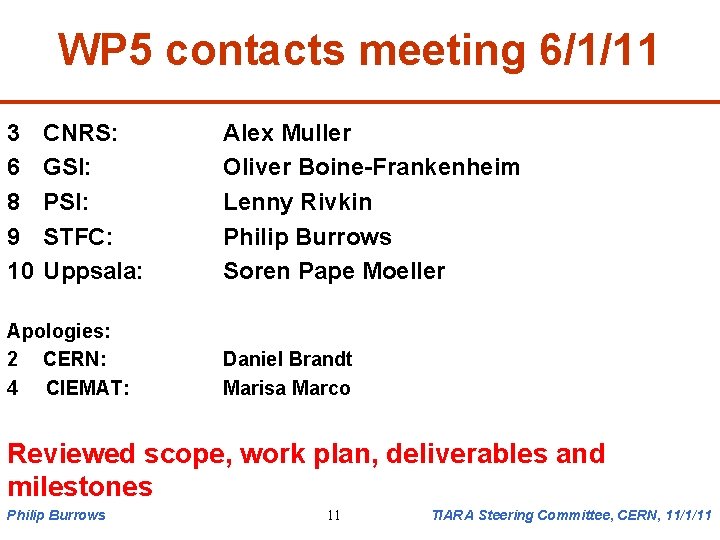 WP 5 contacts meeting 6/1/11 3 6 8 9 10 CNRS: GSI: PSI: STFC: