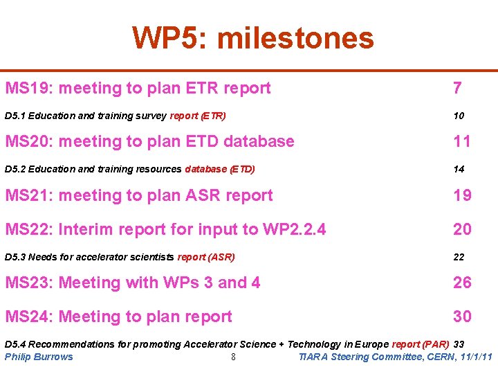 WP 5: milestones MS 19: meeting to plan ETR report 7 D 5. 1