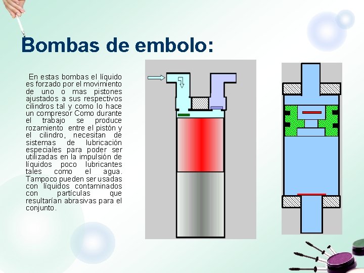 Bombas de embolo: En estas bombas el líquido es forzado por el movimiento de