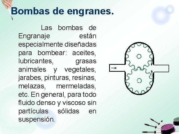 Bombas de engranes. Las bombas de Engranaje están especialmente diseñadas para bombear: aceites, lubricantes,