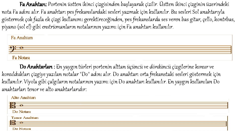 Fa Anahtarı: Portenin üstten ikinci çizgisinden başlayarak çizilir. Üstten ikinci çizginin üzerindeki nota Fa
