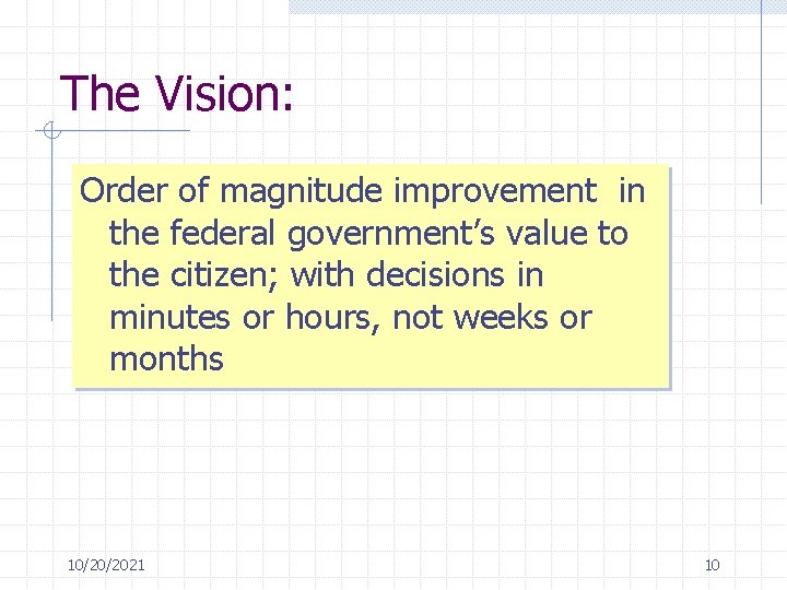 The Vision: Order of magnitude improvement in the federal government’s value to the citizen;