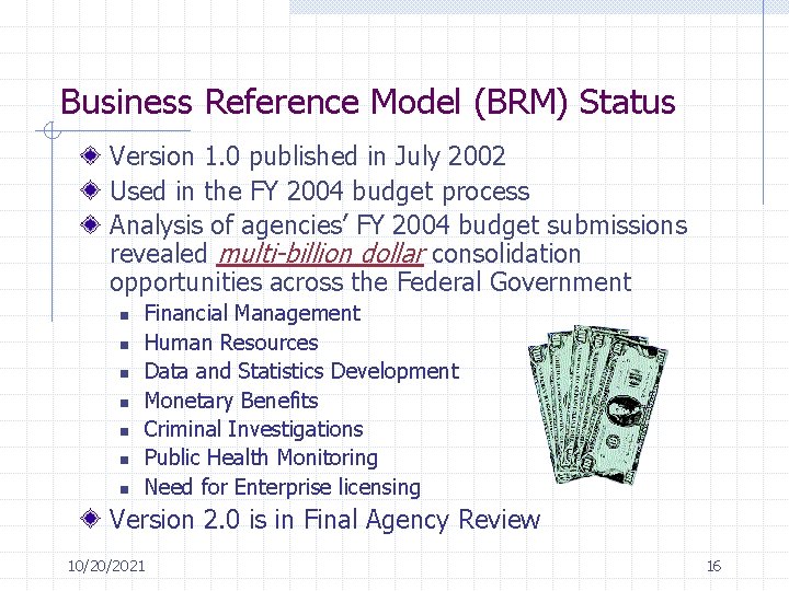 Business Reference Model (BRM) Status Version 1. 0 published in July 2002 Used in