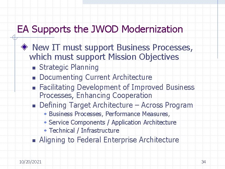 EA Supports the JWOD Modernization New IT must support Business Processes, which must support