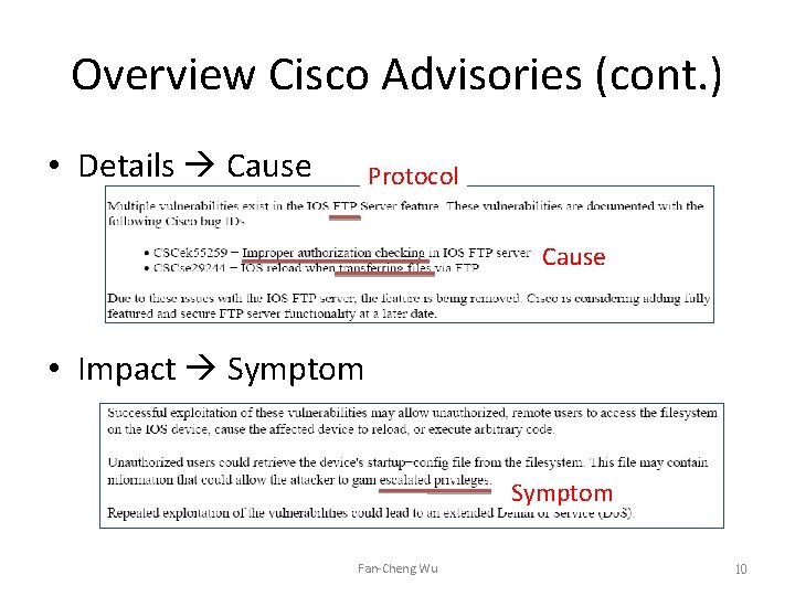Overview Cisco Advisories (cont. ) • Details Cause Protocol Cause • Impact Symptom Fan-Cheng Overview Cisco Advisories (cont. ) • Details Cause Protocol Cause • Impact Symptom Fan-Cheng