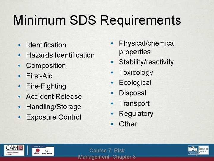 Minimum SDS Requirements • • Identification Hazards Identification Composition First-Aid Fire-Fighting Accident Release Handling/Storage