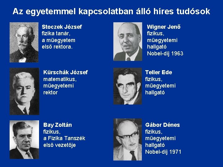 Az egyetemmel kapcsolatban álló híres tudósok Stoczek József fizika tanár, a műegyetem első rektora. Az egyetemmel kapcsolatban álló híres tudósok Stoczek József fizika tanár, a műegyetem első rektora.
