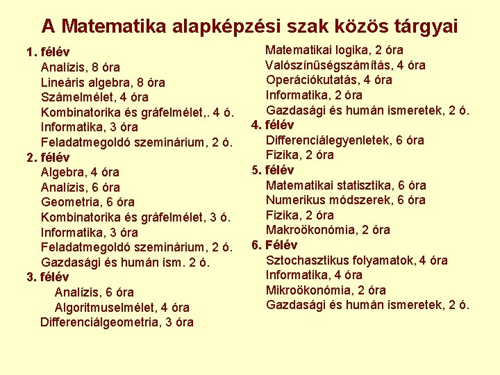 A Matematika alapképzési szak közös tárgyai 1. félév Analízis, 8 óra Lineáris algebra, 8