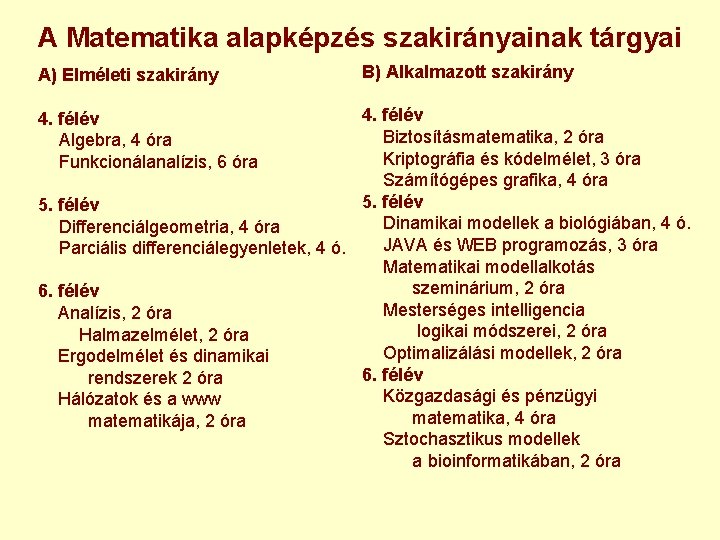 A Matematika alapképzés szakirányainak tárgyai A) Elméleti szakirány B) Alkalmazott szakirány 4. félév Biztosításmatematika, A Matematika alapképzés szakirányainak tárgyai A) Elméleti szakirány B) Alkalmazott szakirány 4. félév Biztosításmatematika,