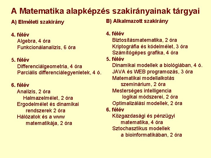 A Matematika alapképzés szakirányainak tárgyai A) Elméleti szakirány B) Alkalmazott szakirány 4. félév Biztosításmatematika,