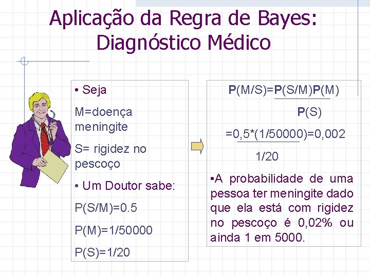 Aplicação da Regra de Bayes: Diagnóstico Médico • Seja M=doença meningite S= rigidez no