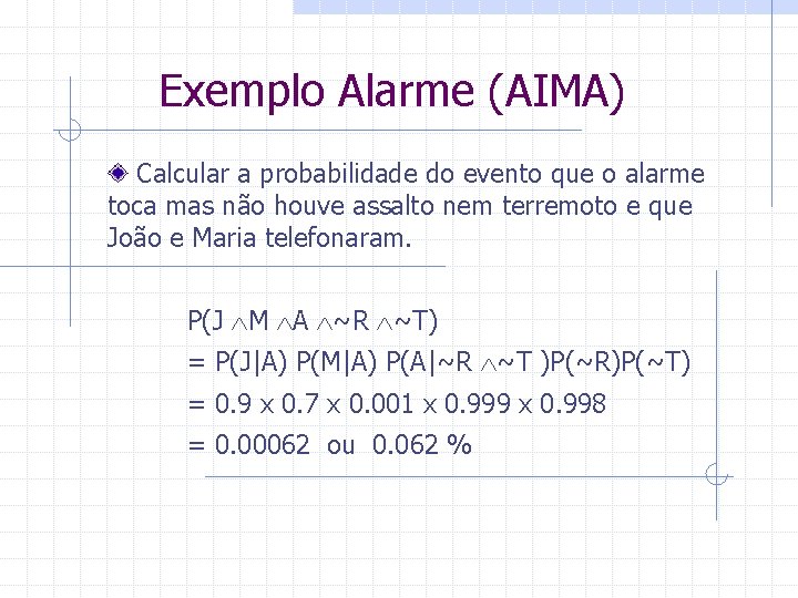 Exemplo Alarme (AIMA) Calcular a probabilidade do evento que o alarme toca mas não