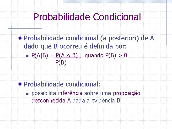 Probabilidade Condicional Probabilidade condicional (a posteriori) de A dado que B ocorreu é definida