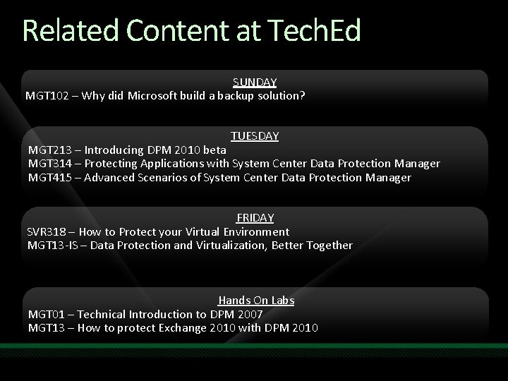Related Content at Tech. Ed SUNDAY MGT 102 – Why did Microsoft build a