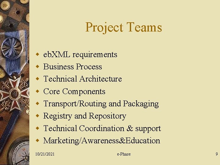 Project Teams w w w w eb. XML requirements Business Process Technical Architecture Components
