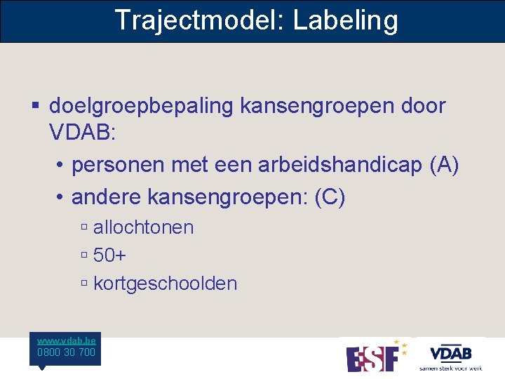 Trajectmodel: Labeling § doelgroepbepaling kansengroepen door VDAB: • personen met een arbeidshandicap (A) •