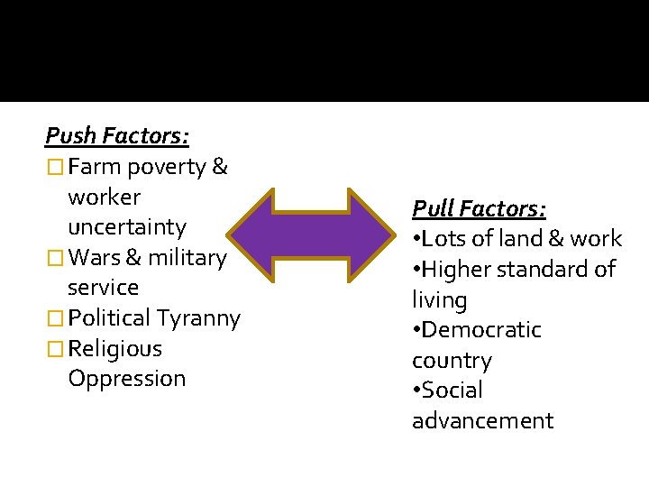 Push Factors: � Farm poverty & worker uncertainty � Wars & military service �