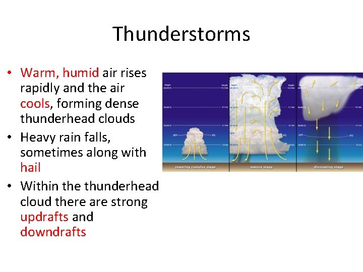 Thunderstorms • Warm, humid air rises rapidly and the air cools, forming dense thunderhead