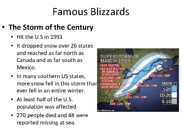 Famous Blizzards • The Storm of the Century • Hit the U. S in