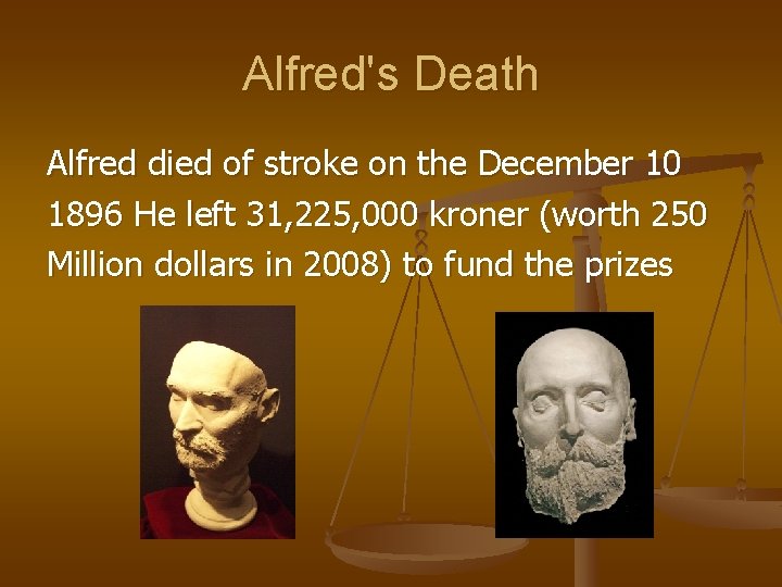 Alfred's Death Alfred died of stroke on the December 10 1896 He left 31,