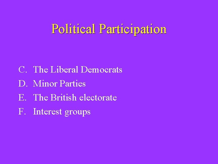 Political Participation C. D. E. F. The Liberal Democrats Minor Parties The British electorate