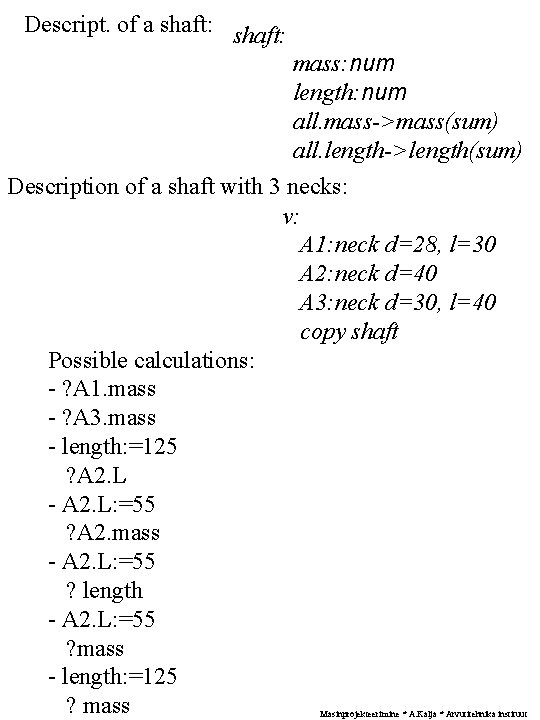 Descript. of a shaft: mass: num length: num all. mass->mass(sum) all. length->length(sum) Description of