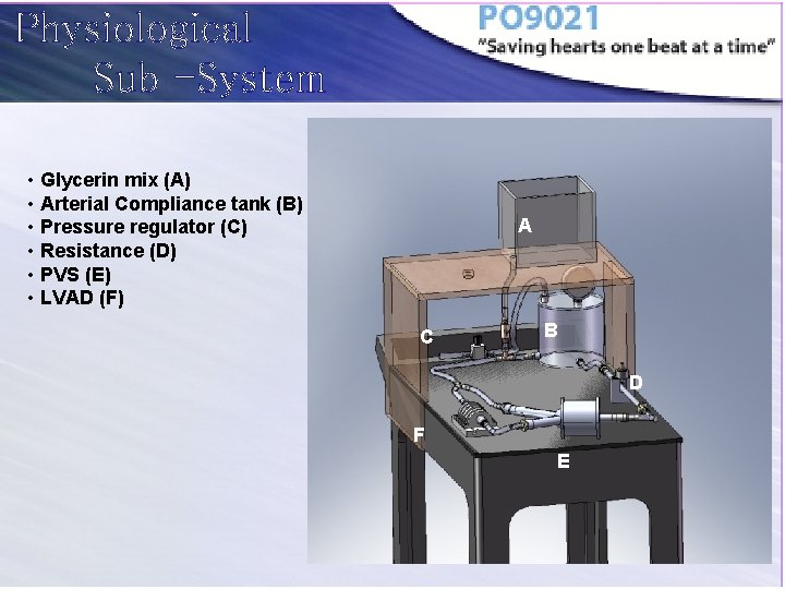 Physiological Sub -System • Glycerin mix (A) • Arterial Compliance tank (B) • Pressure