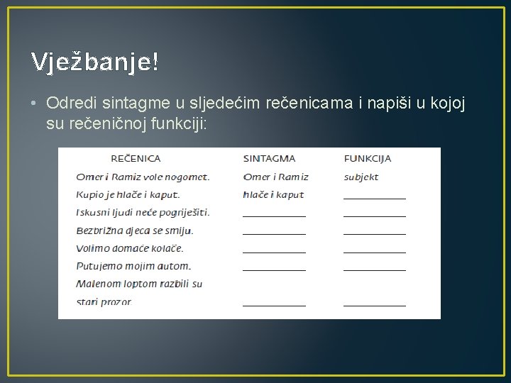 Vježbanje! • Odredi sintagme u sljedećim rečenicama i napiši u kojoj su rečeničnoj funkciji: