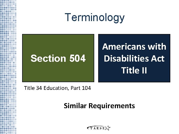 Terminology Section 504 Americans with Disabilities Act Title II Title 34 Education, Part 104