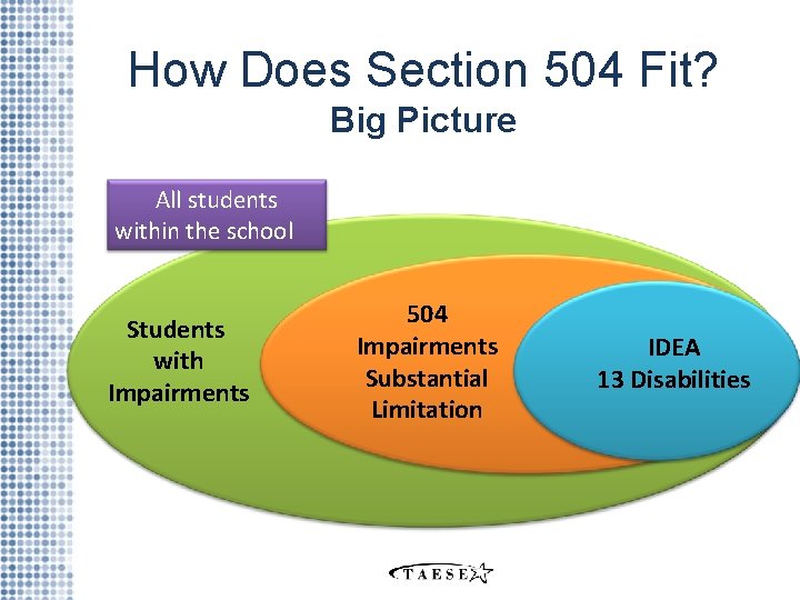 How Does Section 504 Fit? Big Picture All students within the school Students with