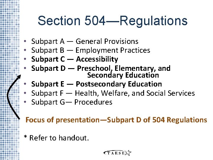 Section 504—Regulations Subpart A — General Provisions Subpart B — Employment Practices Subpart C