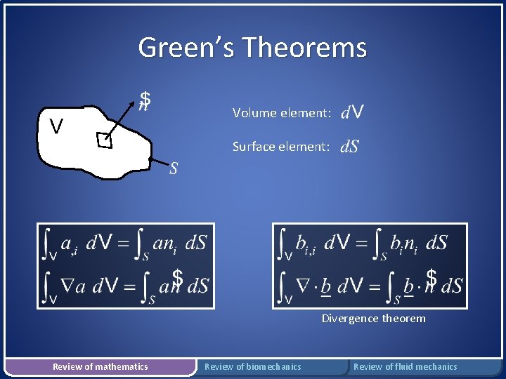 Green’s Theorems Volume element: Surface element: Divergence theorem Review of mathematics Review of biomechanics