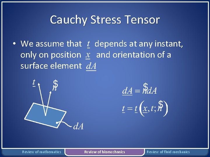 Cauchy Stress Tensor • We assume that only on position surface element Review of