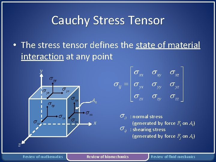 Cauchy Stress Tensor • The stress tensor defines the state of material interaction at