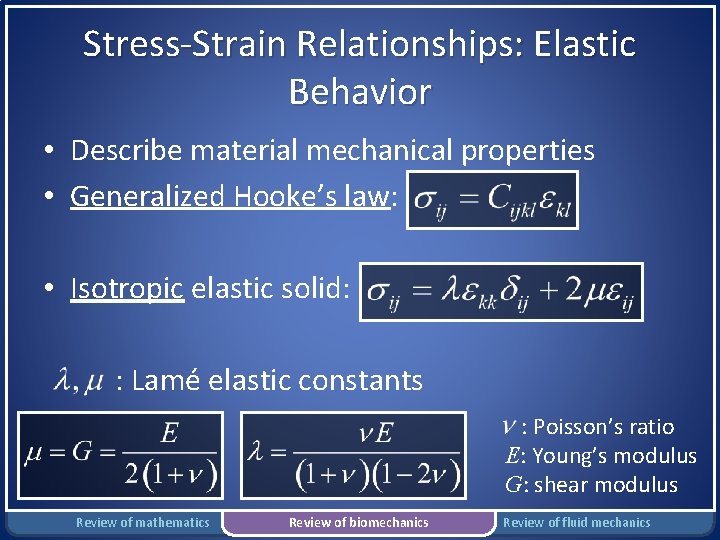 Stress-Strain Relationships: Elastic Behavior • Describe material mechanical properties • Generalized Hooke’s law: •