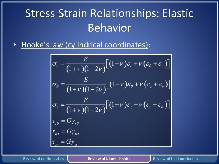 Stress-Strain Relationships: Elastic Behavior • Hooke’s law (cylindrical coordinates): Review of mathematics Review of