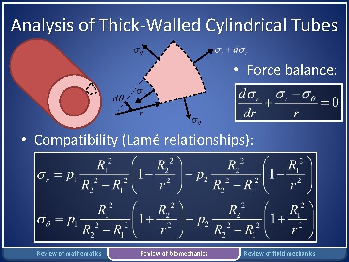 Analysis of Thick-Walled Cylindrical Tubes • Force balance: • Compatibility (Lamé relationships): Review of