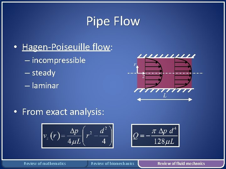 Pipe Flow • Hagen-Poiseuille flow: – incompressible – steady – laminar • From exact