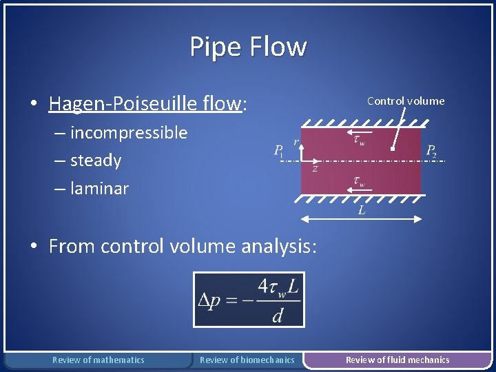 Pipe Flow • Hagen-Poiseuille flow: Control volume – incompressible – steady – laminar •