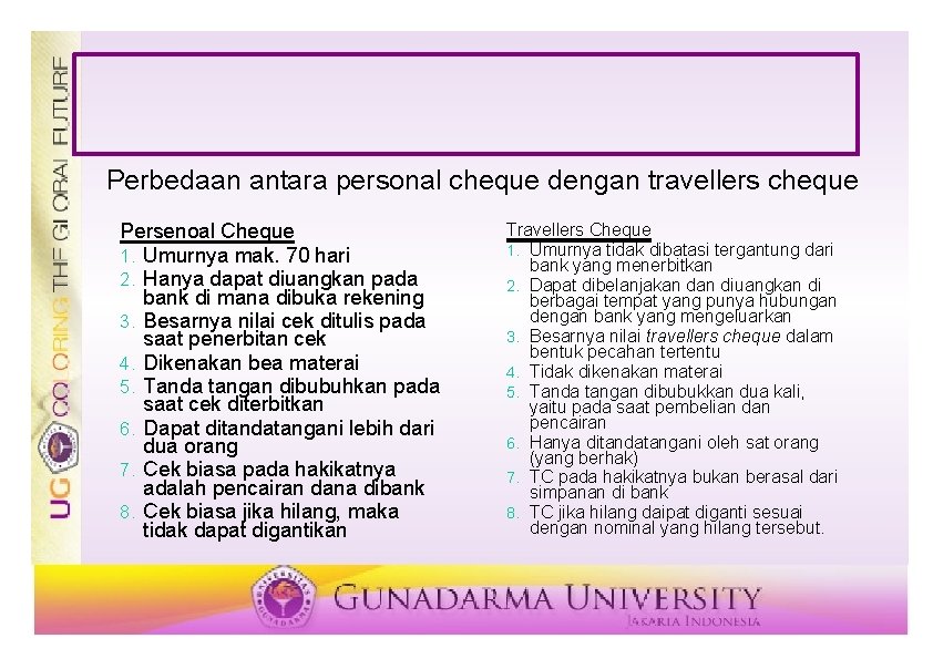 Perbedaan antara personal cheque dengan travellers cheque Persenoal Cheque 1. Umurnya mak. 70 hari