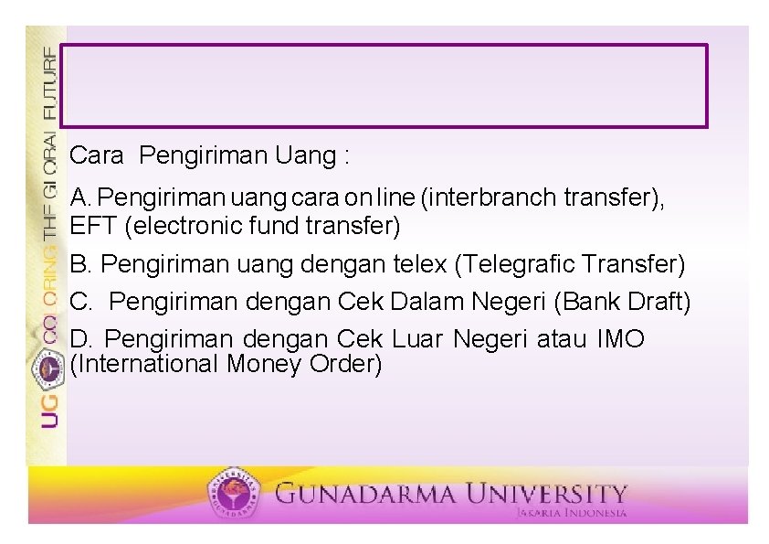 Cara Pengiriman Uang : A. Pengiriman uang cara on line (interbranch transfer), EFT (electronic