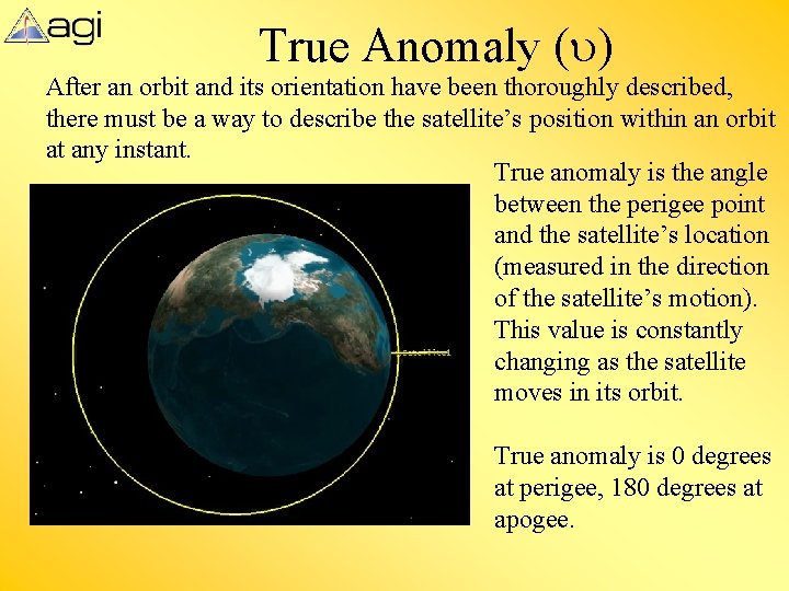 True Anomaly (u) After an orbit and its orientation have been thoroughly described, there